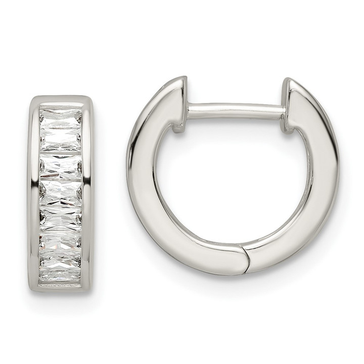 Sterling Silver Polished Baguette CZ Hinged Hoop Earrings QE16289