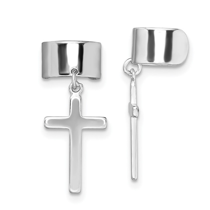 Sterling Silver Rhodium-plated Polished Cross Pair of Cuff Earrings QE13689
