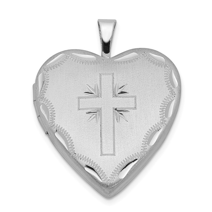 Sterling Silver Rhodium-plated 20mm Satin & D/C Cross Heart Locket QLS386