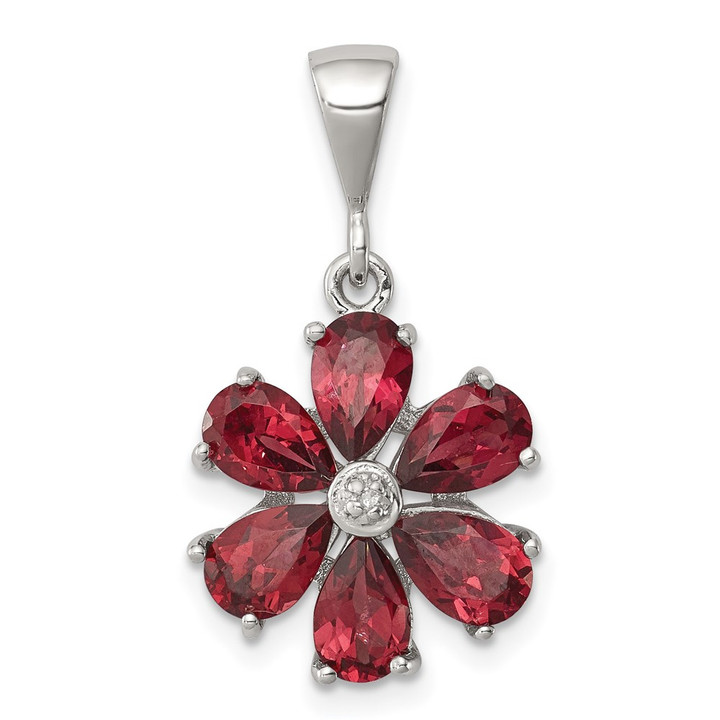 Sterling Silver Rhodium Garnet & Diamond Flower Pendant QDX619