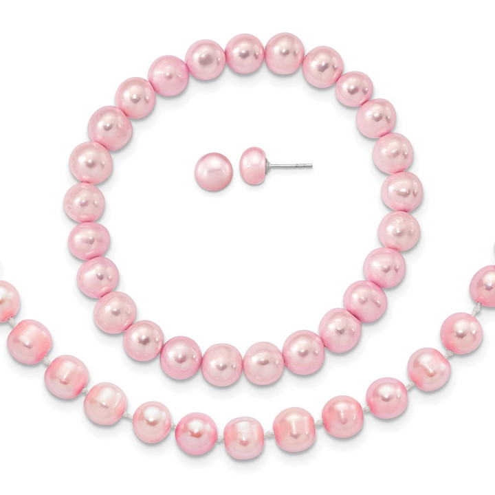 Sterling Silver Rh-p 7-8mm Pink FWC Pearl Earring Bracelet Necklace Set QH5638SET