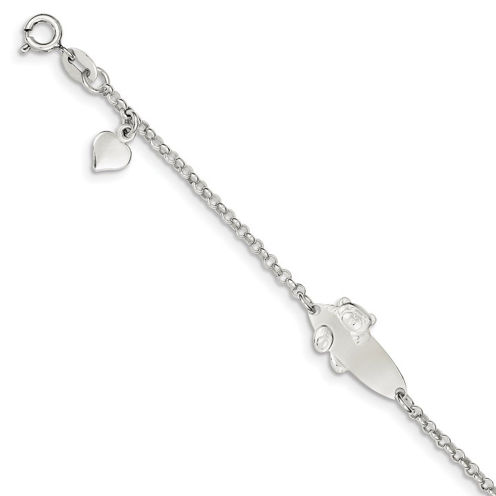 Sterling Silver Polished Childrens Teddy Bear 5in Plus 1in Ext ID Bracelet QID174-6