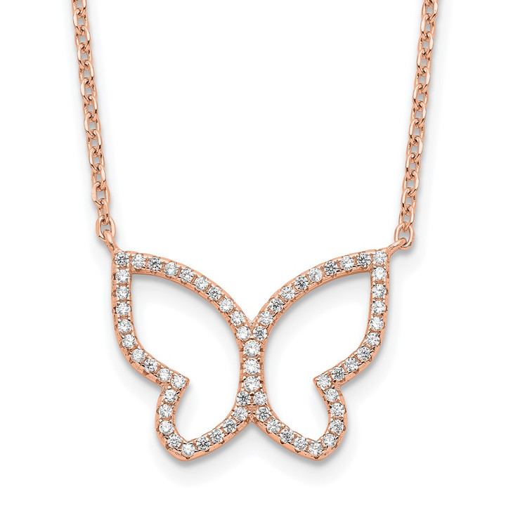 Sterling Silver Rose-tone Polished Open Butterfly CZ w/2 in ext. Necklace QG6151-16