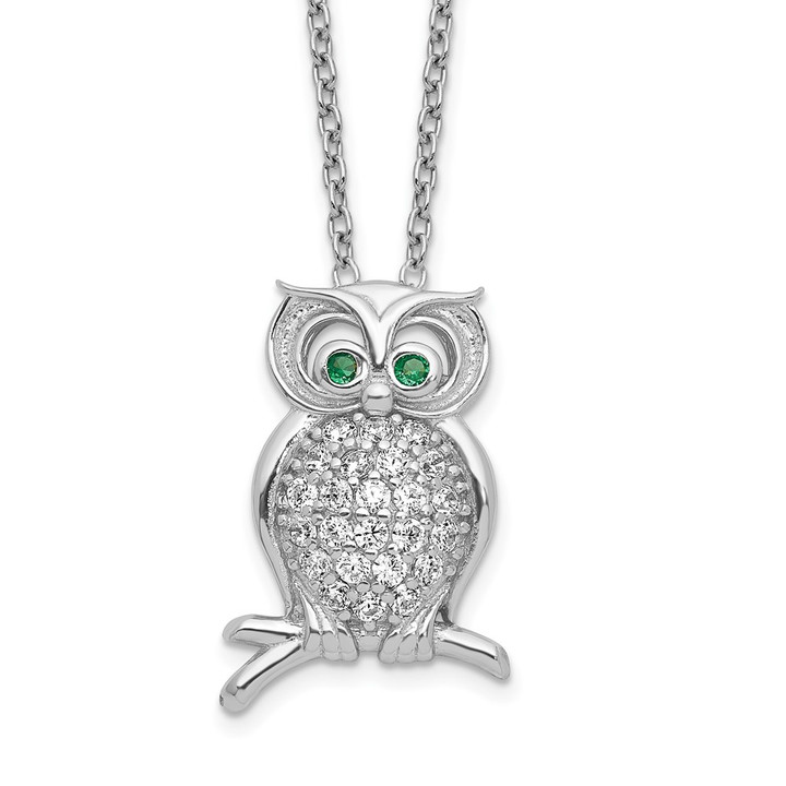 Sterling Silver Polished Rhodium-plated Green/Clear CZ Owl 18in Necklace QG6165-18