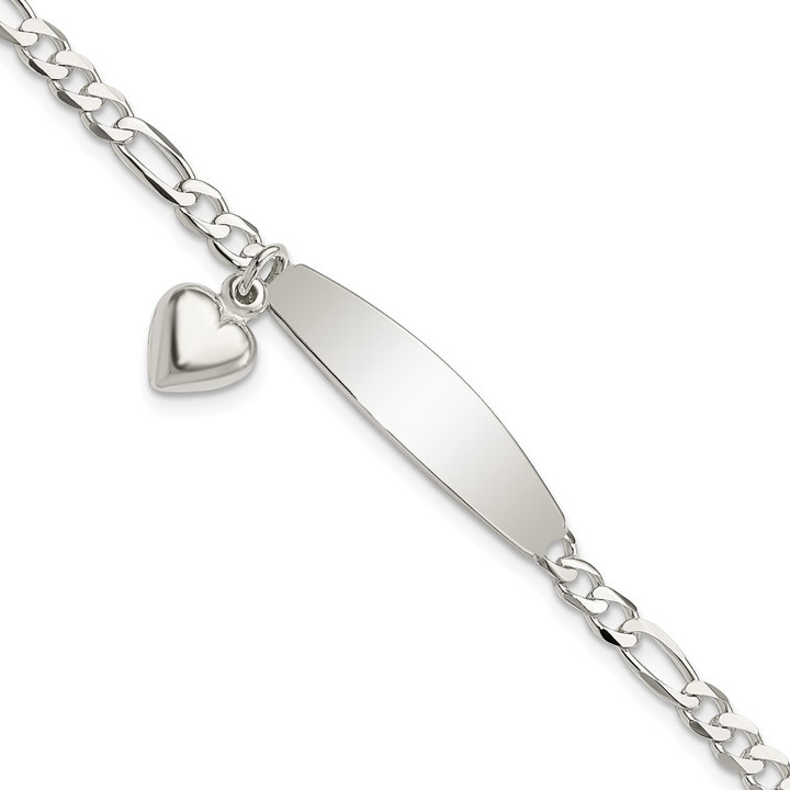 Sterling Silver Polished Figaro ID Heart Dangle Bracelet QID210-7.5