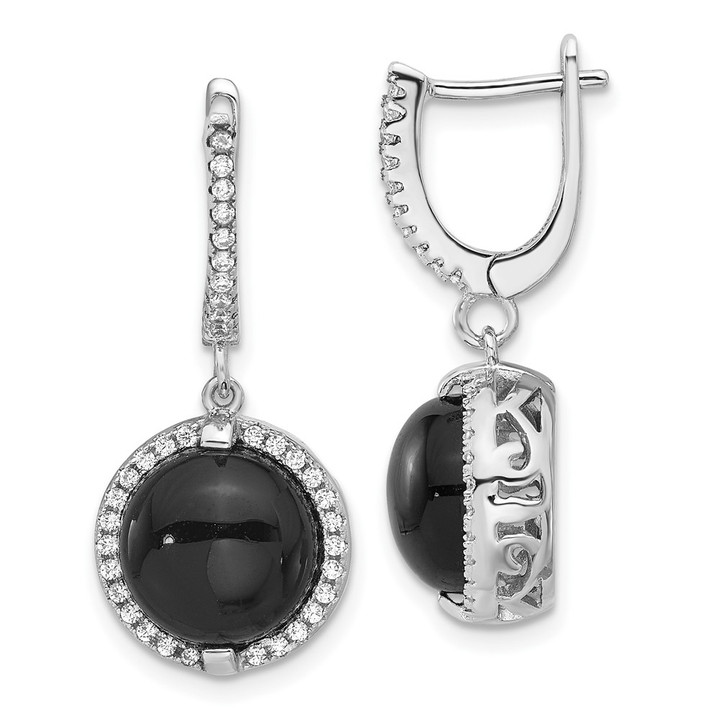 Sterling Silver Rhodium-plated Polished Onyx & CZ Halo Dangle Earrings QE17415