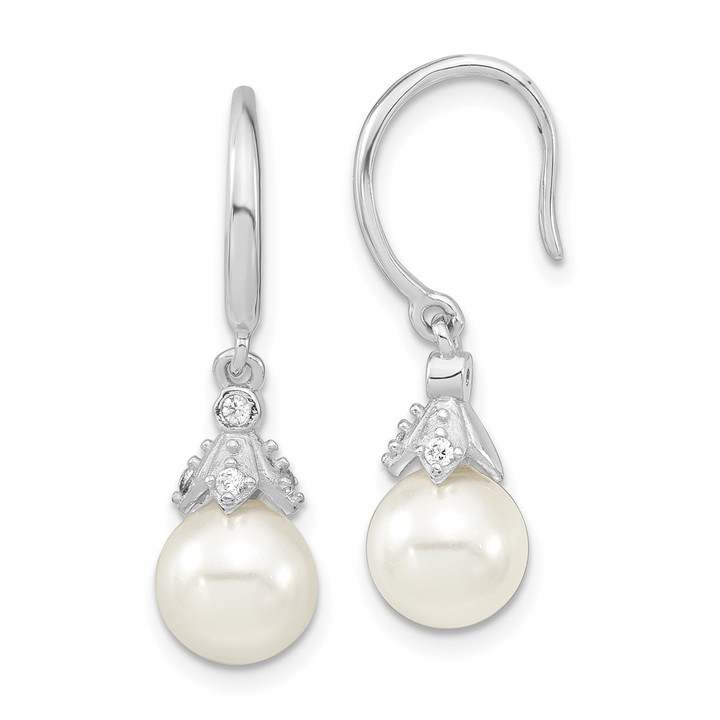 Majestic Sterling Silver Rhodium-plated 8-9mm White Imitation Shell Pearl CZ Dangle Earrings QMJE805W