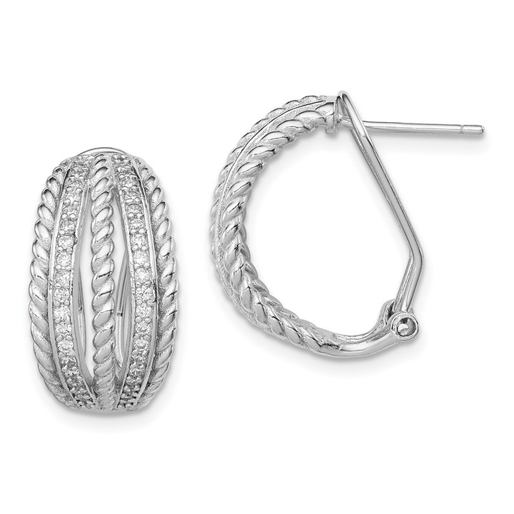 Sterling Silver RH-plated Polished Rope CZ Omega Back C-Hoop Earrings QE12267