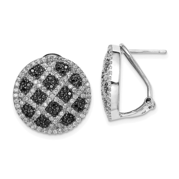 Sterling Silver Rhod-pltd Black/White CZ Criss Cross Omega Back Earrings QE7343