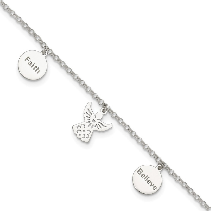 Sterling Silver Faith, Believe and Angel Dangles 9in Plus 1in Ext. Anklet QG4736-9