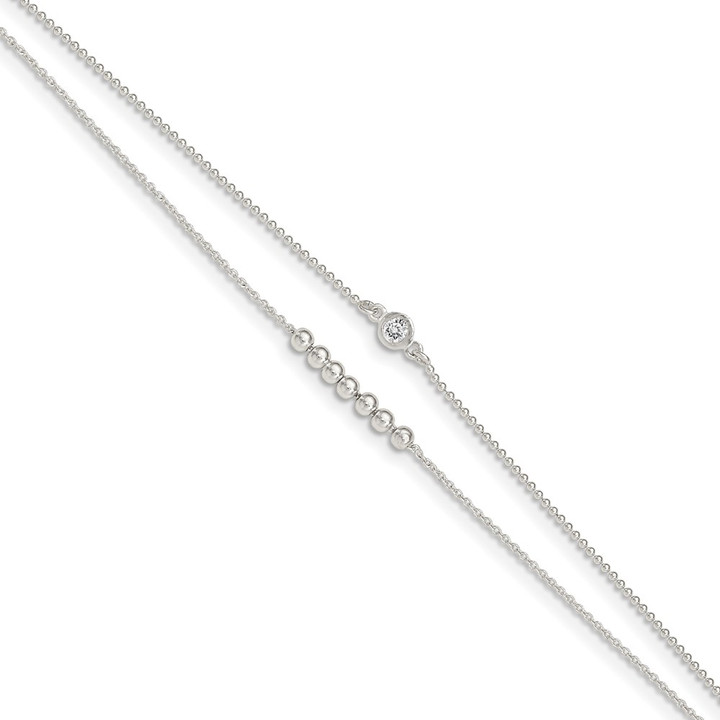 Sterling Silver 2-Strand Beaded CZ 9in Plus 1in Ext. Anklet QG4739-9