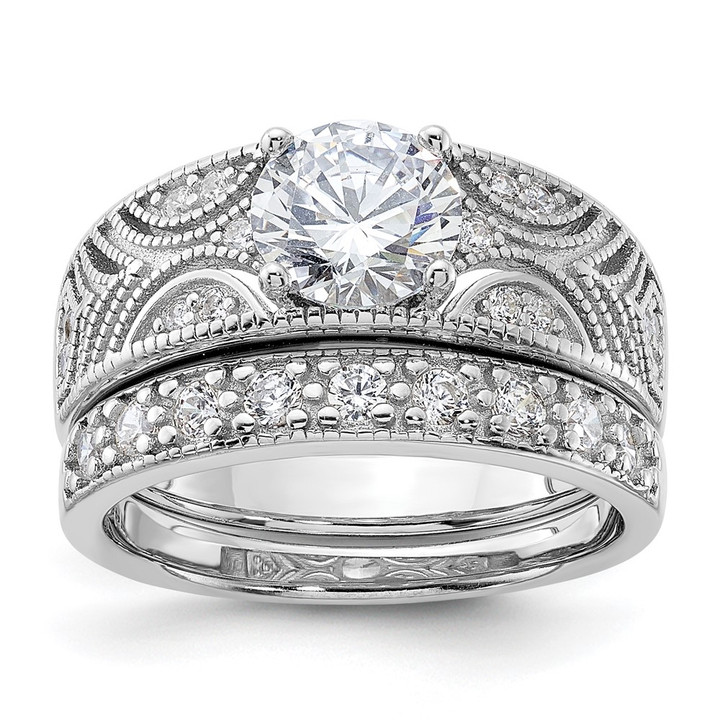 Sterling Silver Rhodium-plated Round CZ Center Wedding Ring Set QR4224-6