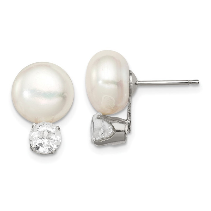 Sterling Silver RH-pltd 10-11mm FWC Button Pearl White Topaz Earrings QE12801