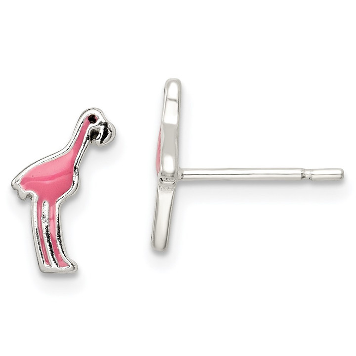 Sterling Silver Polished Pink & Black Enameled Flamingo Post Earrings QE8665