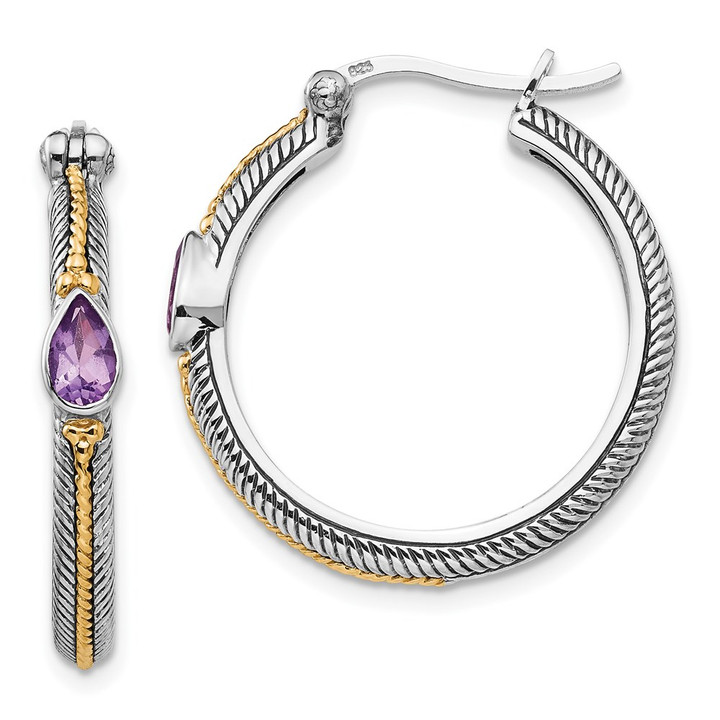 Shey Couture Sterling Silver with 14K Accent Antiqued Pear Shaped Amethyst Hoop Earrings QTC1241