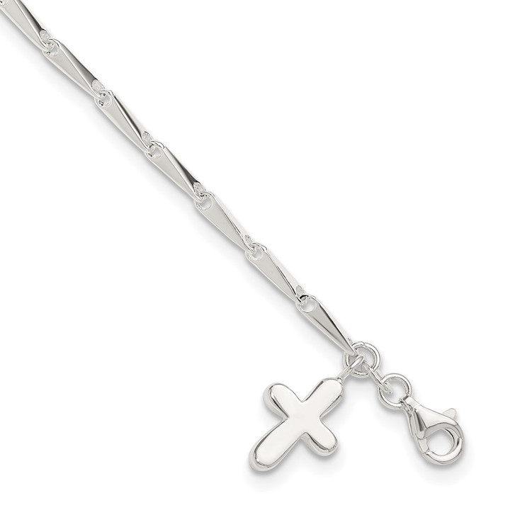 Sterling Silver 10 in Solid Polished Cross on Fancy Link Anklet QG1188-10