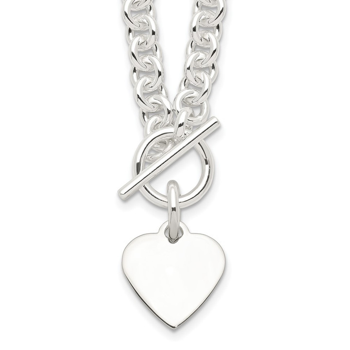 Sterling Silver Engraveable Heart Disc on Fancy Link Toggle 18in Necklace QG1149-18