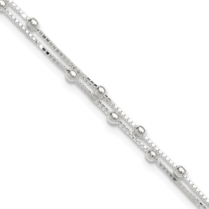 Sterling Silver Polished Beaded 2-strand 9 inch Plus 1 inch ext. Anklet QG4196-9