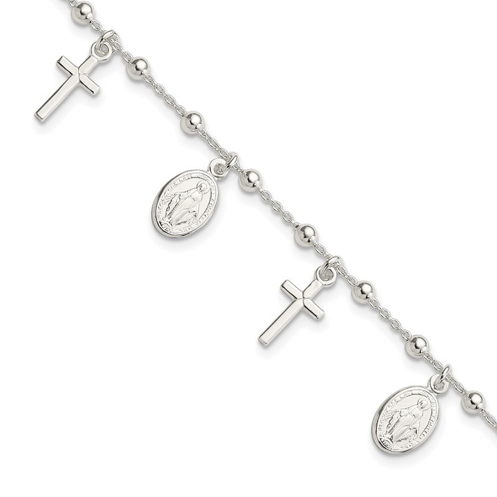 Sterling Silver Polished w/1in ext Cross Miraculous Medal Bracelet QG4251-6.25