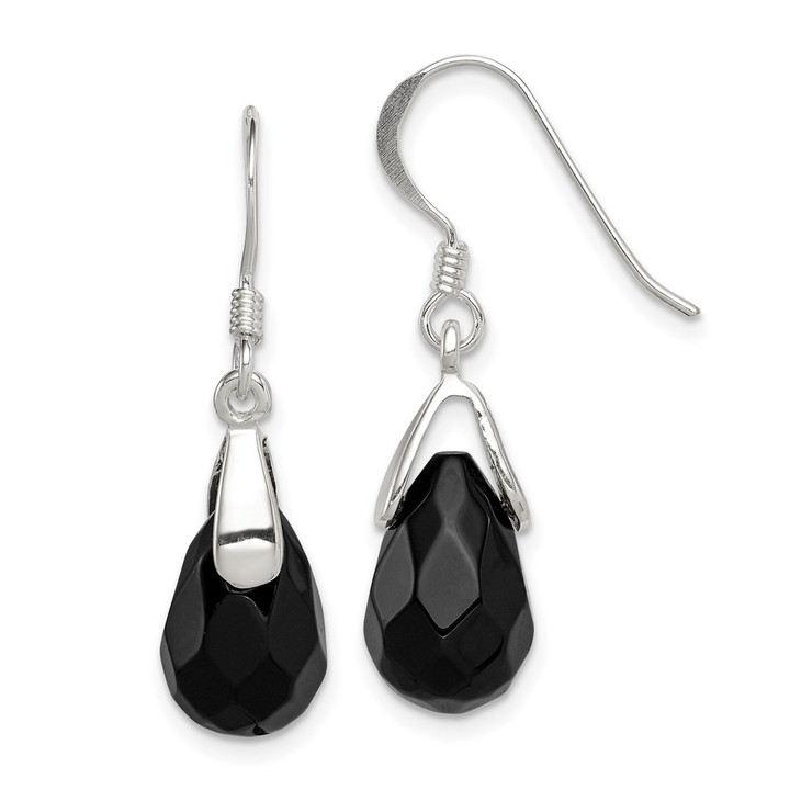 Sterling Silver Polished Faceted Onyx Teardrop Dangle Earrings QE2894