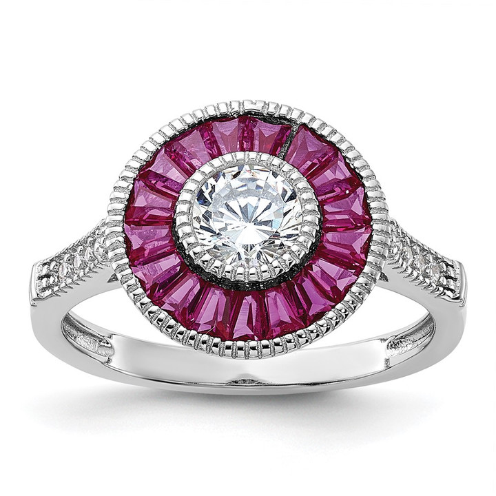Sterling Silver Rhodium-plated Polished Created Ruby and CZ Ring QR6862-8