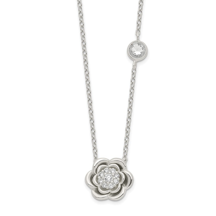Sterling Silver Polished Floral CZ Necklace QG6163-17.75