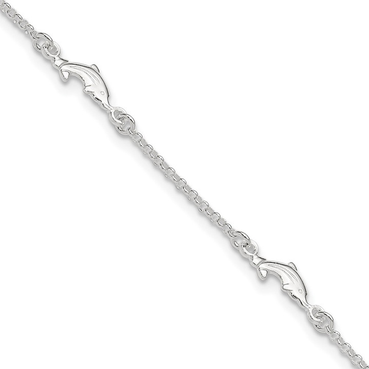 Sterling Silver Polished Dolphin 9in Plus1in Ext. Anklet QG3163-9