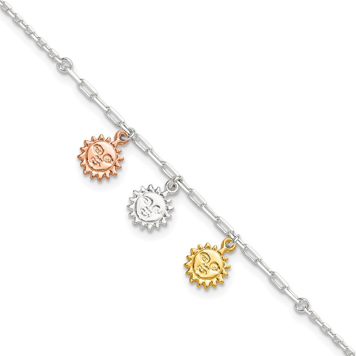 Sterling Silver Rose-tone and Gold-tone Suns 9in Plus 1in Ext. Anklet QG5751-9