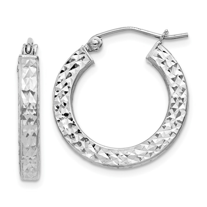 Sterling Silver Rhodium-plated Diamond-cut 3x20mm Square Tube Hoop Earrings QE8133