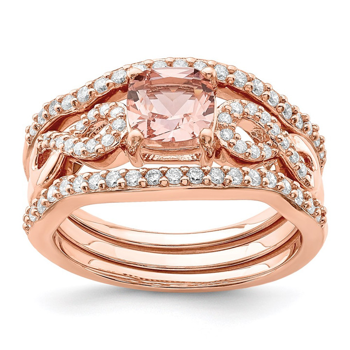 Sterling Silver Rose-tone 3 Piece Pink Crystal & CZ Ring Set QR6936-6