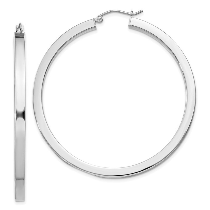 Sterling Silver Rhodium-plated 3x50mm Square Tube Hoop Earrings QE828