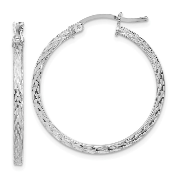 Sterling Silver Rhodium-plated Diamond-cut 2x30mm Square Tube Hoop Earrings QE8112