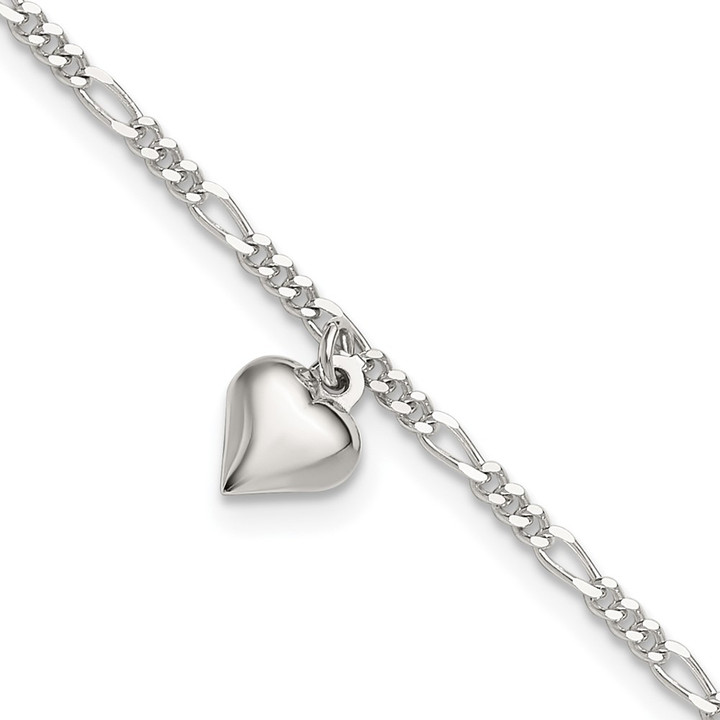 Sterling Silver Polished Heart 9 in Plus 1in ext. Anklet QG3146-9