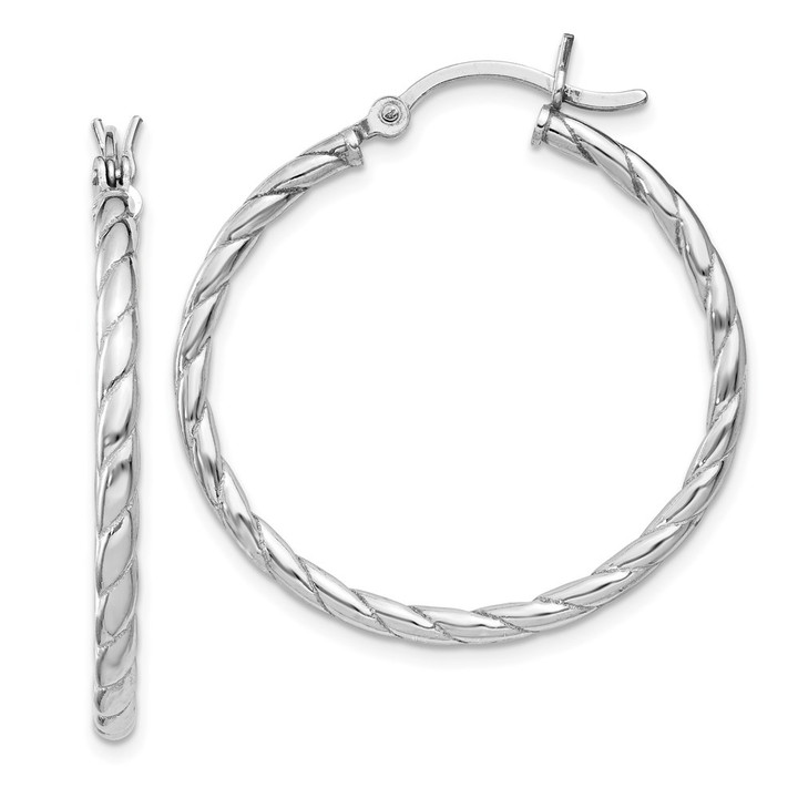 Sterling Silver Rhodium Plated 2x30mm Twisted Hoop Earrings QE8217