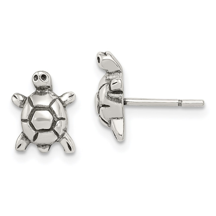 Sterling Silver Polished & Antiqued Turtle Post Earrings QE8667