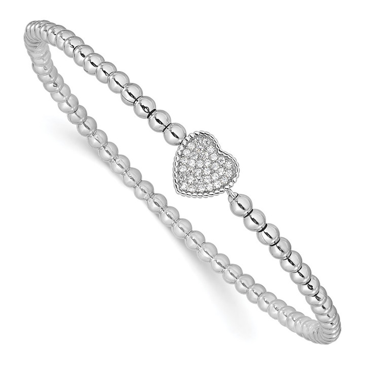 Sterling Silver Rhodium-plated Polished Beaded CZ Heart Stretch Bracelet QH5453
