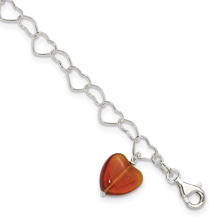 Sterling Silver Link Orange Synthetic Crystal Stone Heart Anklet QG1347-10