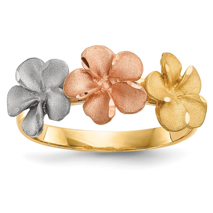 14k Two-tone w/White Rhodium Satin D/C 3-Plumerias Ring R633