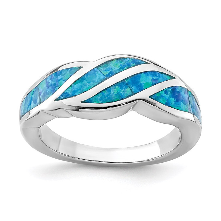 Sterling Silver Rhodium-plated Created Blue Opal Inlay Ring QR6992-8