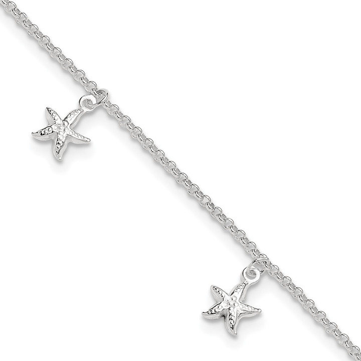 Sterling Silver Starfish Dangles 9 inch Plus 1 inch Ext. Anklet QG4192-9