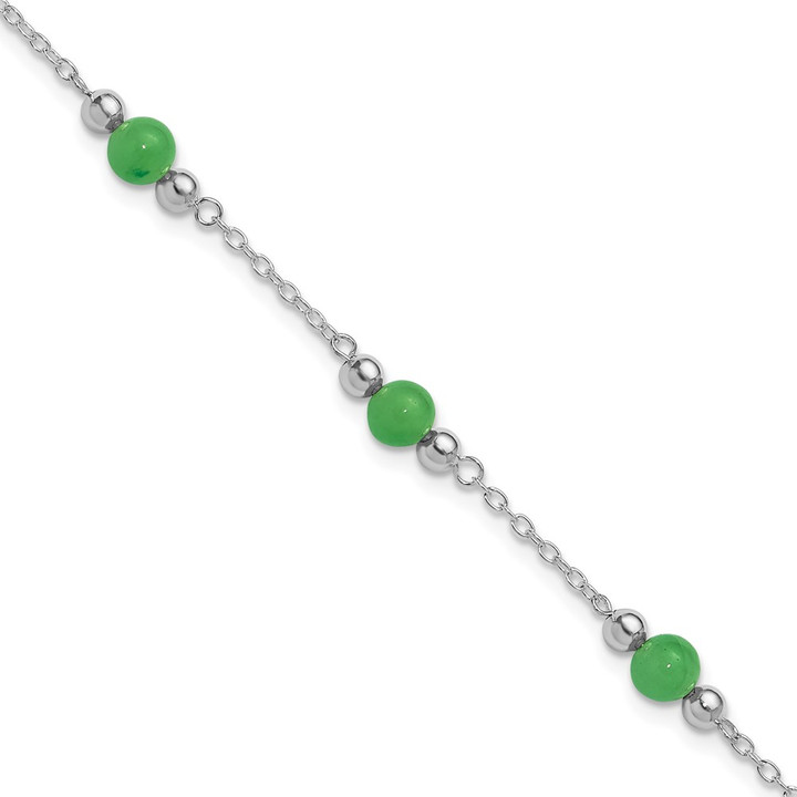 Sterling Silver Rhodium-plated 9inch Polished Green Jade Anklet QG1231-9