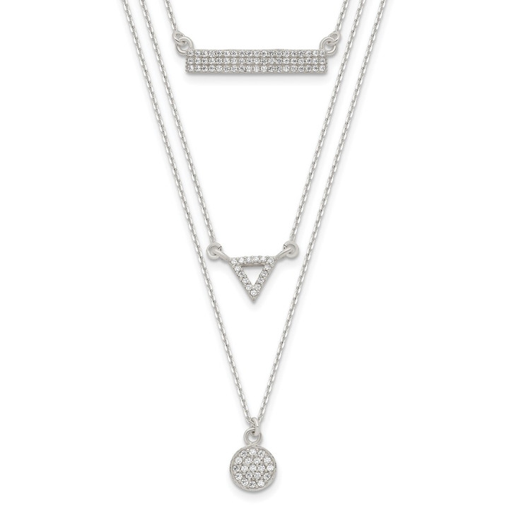 Sterling Silver CZ Circle Triangle and Bar 3-Strand Necklace QG4427-16