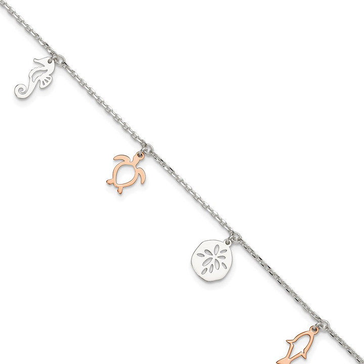 Sterling Silver Rose-tone Seashore Dangles 9in Plus 1in Ext. Anklet QG4745-9