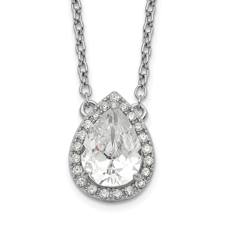 Sterling Silver Rhodium-plated Pear CZ Halo w/1in ext Necklace QG5485-16