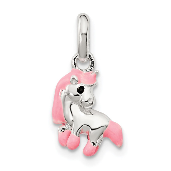Sterling Silver Polished Pink & Black Enameled Pony Children's Pendant QP4087