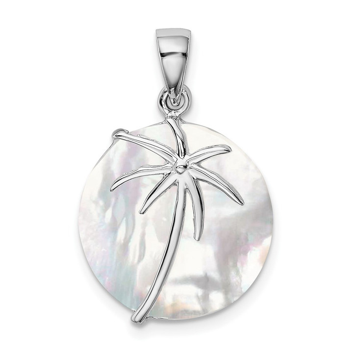 Sterling Silver Rhodium-plated Polished Round Mother of Pearl Palm Tree Pendant QP4183