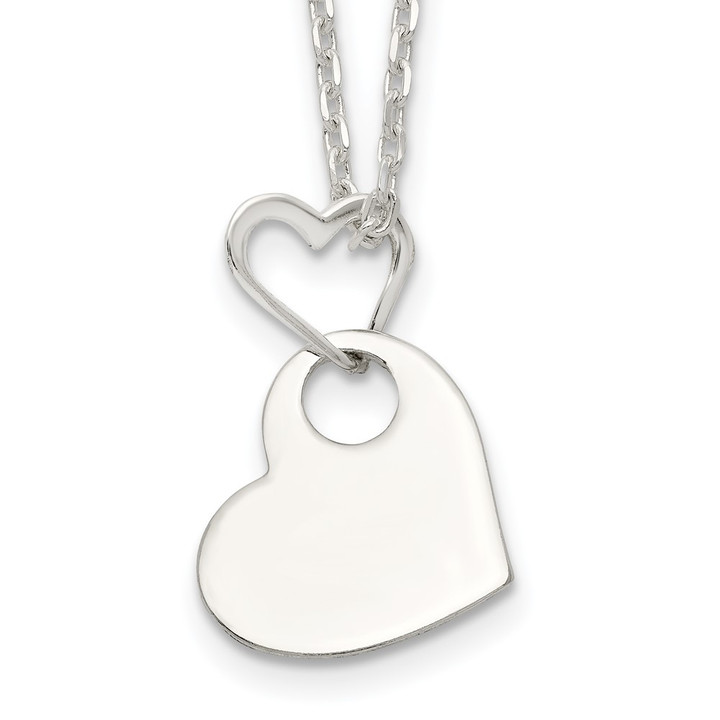 Sterling Silver Open Heart Holding A Heart Dangle 16 inch Necklace QH778-16