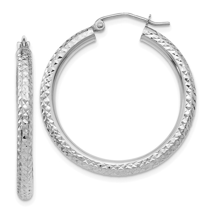 10k White Gold Diamond-cut 3mm Round Hoop Earrings 10TC252