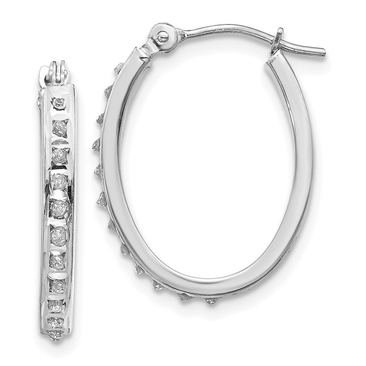14k White Gold Diamond Fascination Oval Hinged Hoop Earrings DF235