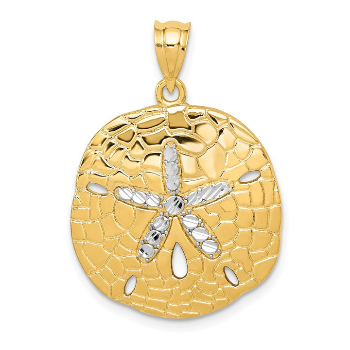 14K with White Rhodium Polished Diamond-Cut Sand Dollar Pendant D1401